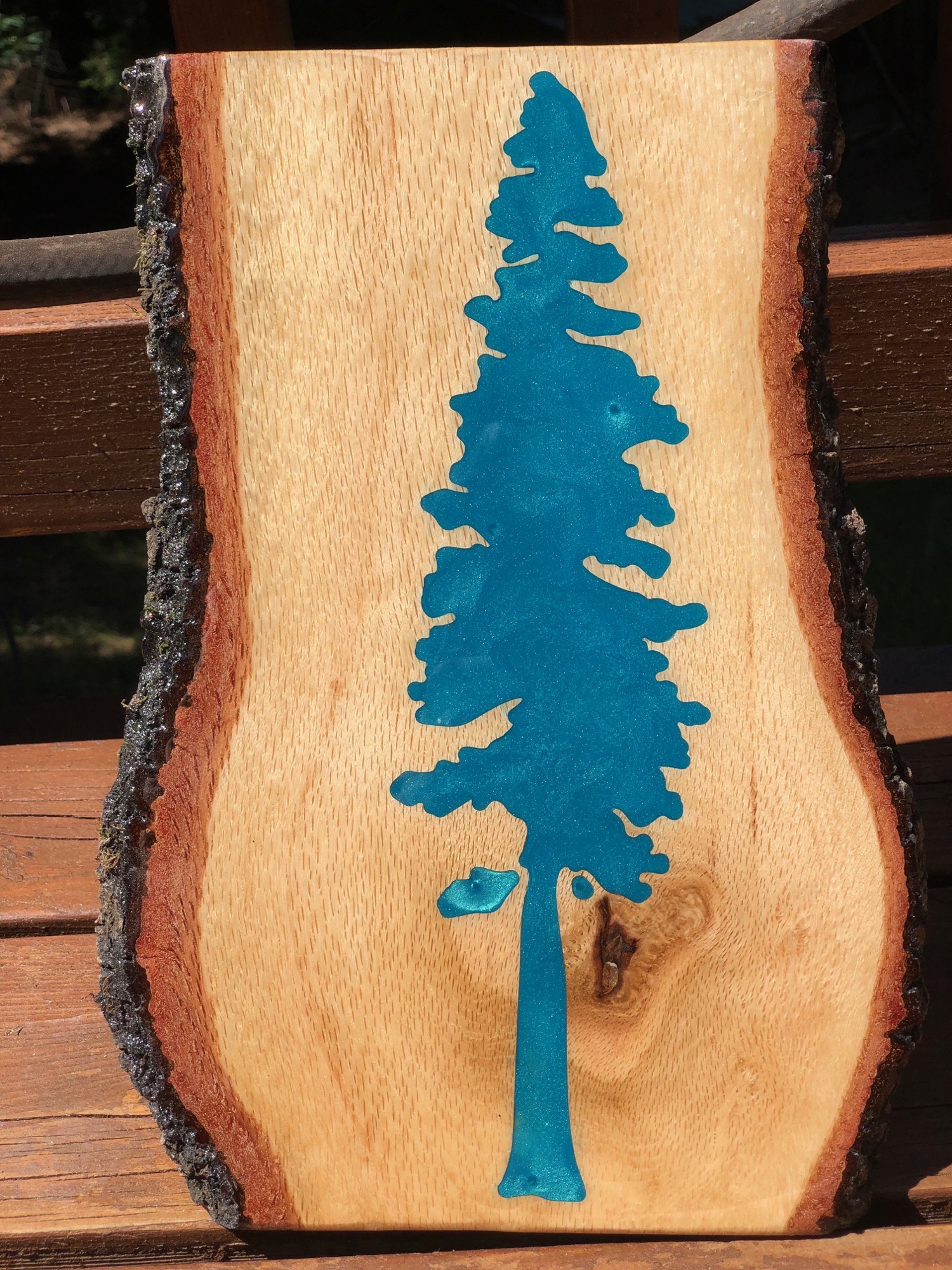 Blue epoxy art redwood tree on oak