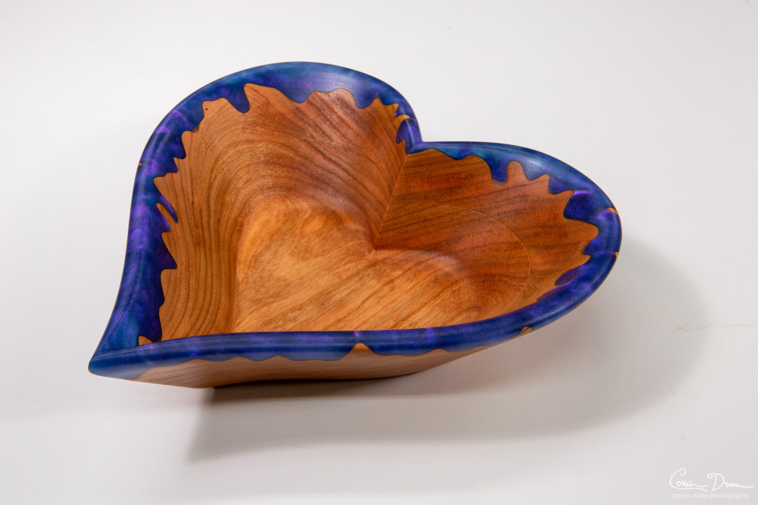 Heart Bowl in Cherry Wood with Purple Drips CNC Woodworking Corbin